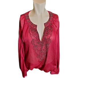 Arden B. VTG Sheer Satin Blouson Top Long Sleeve Blouse Beaded Top Magenta sz S